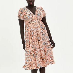 Peach Medallion Studio Knit Puff Sleeve Skater Midi Dress